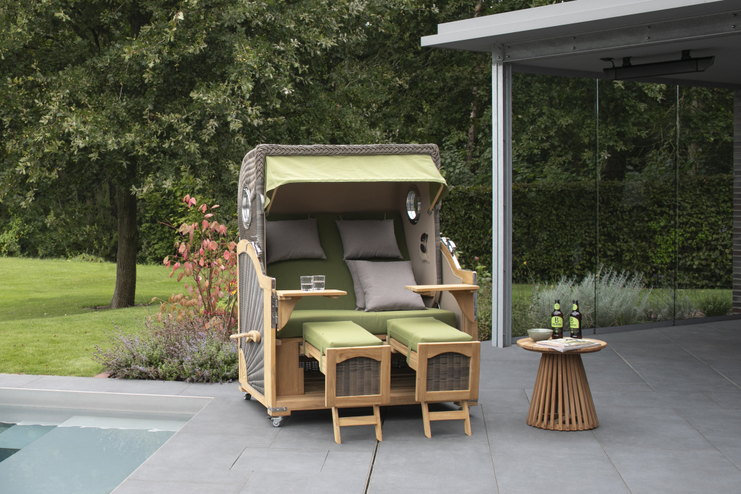 Strandkorb Rantum Grande Bullauge Teak PE Grey Dessin 595 Beige